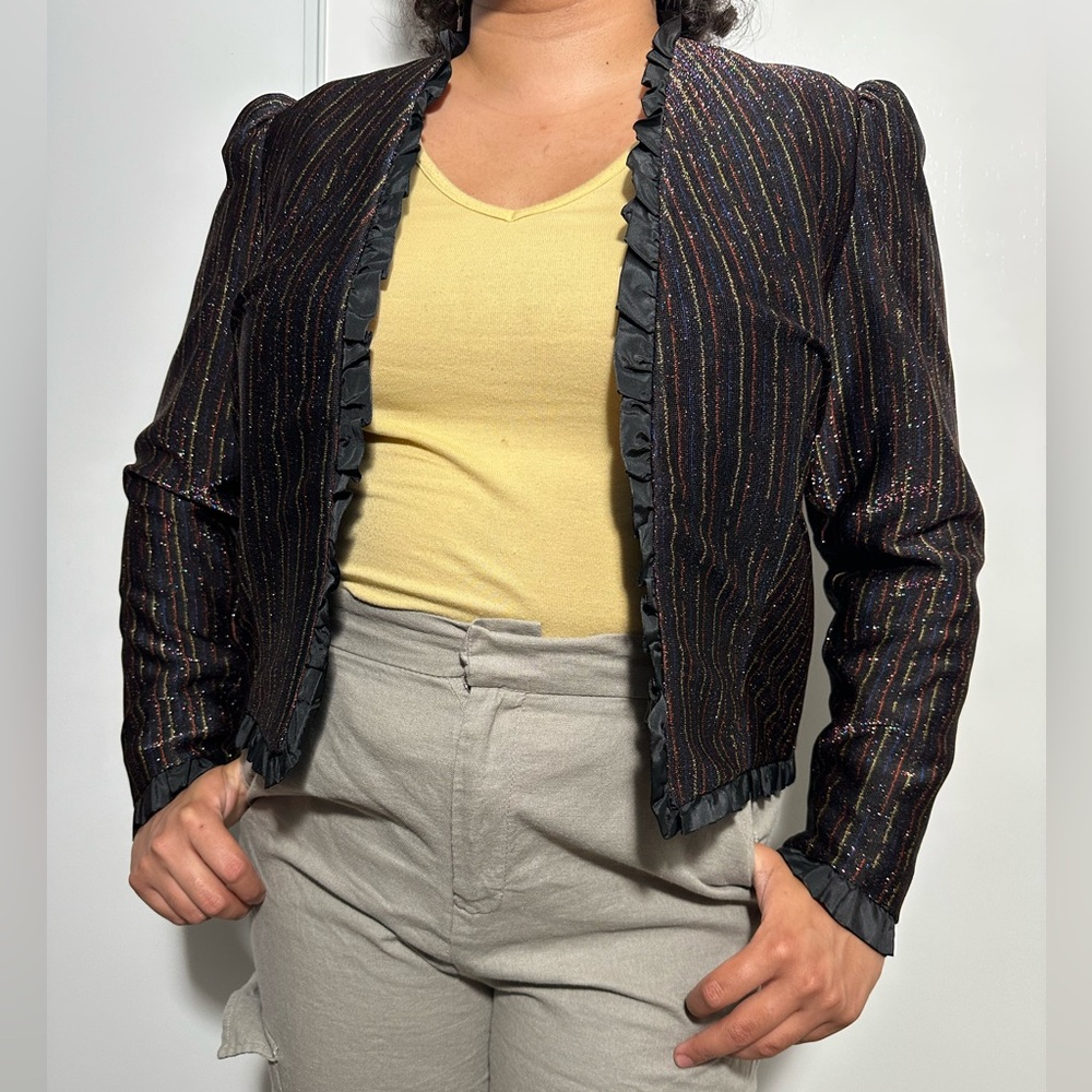 Vintage Lebanese Black Striped Women's Jacket with Ruffle Trim
